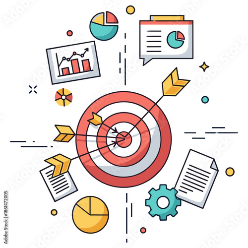 Target achievement concept with charts and documents