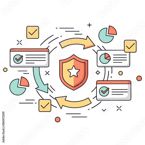 Data security concept with shield and arrows illustrating protection and analysis