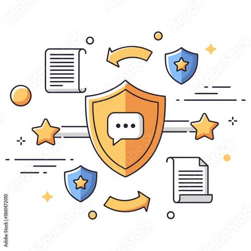 Cybersecurity icon with shields, documents, and communication symbols