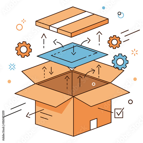 Open cardboard box with floating gears and arrows illustrating assembly concept