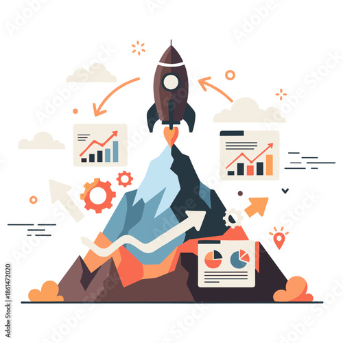 Rocket launching over mountain symbolizing growth and success in business strategies