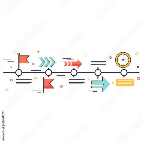 Colorful flat design timeline with arrows and flags on white background