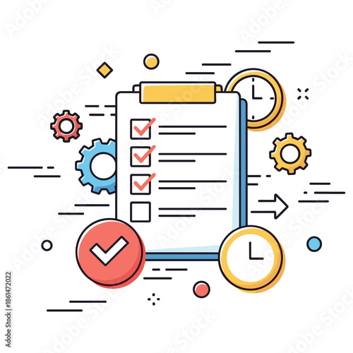Illustration of checklist with gears and clocks indicating task management and productivity