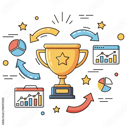 Golden trophy with business charts and arrows illustrating success and achievement