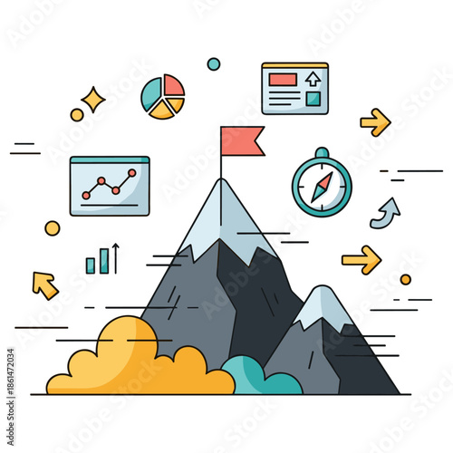 Conceptual image of business success with mountain, flag, and analytics icons
