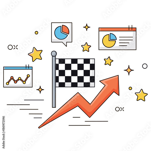 Business success strategy with charts, graphs, and arrow growth