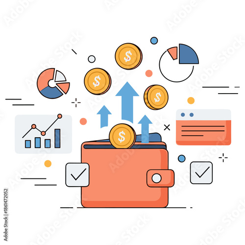 Financial growth concept with wallet, coins, and charts illustration