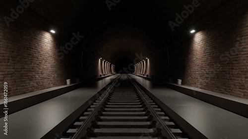 Dimly lit railway tunnel with brick walls, leading towards an obscured, dark end