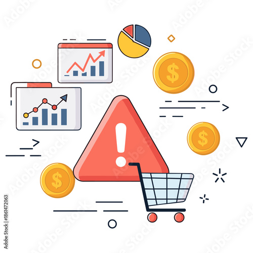 Shopping cart alert with financial charts and coins illustration