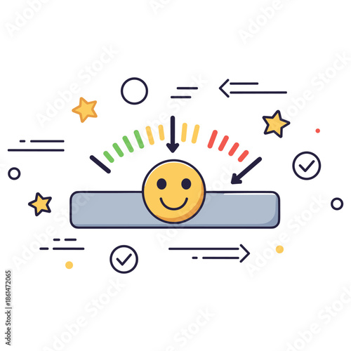 Smiley face satisfaction scale with colorful stars and checkmarks