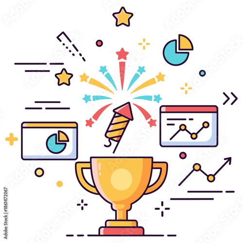 Celebration of success: trophy and charts with fireworks and stars