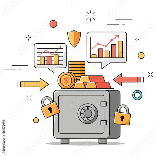 Safe with coins and gold bars illustrating financial growth and security