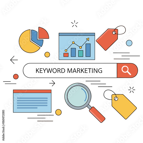 Digital marketing illustration featuring keyword analysis and data visualization