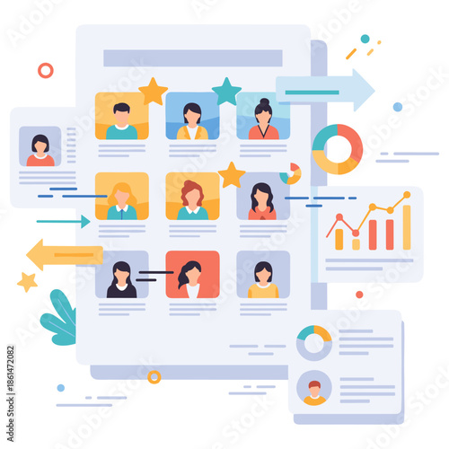 Illustrated diverse team profiles with charts and data visualization elements