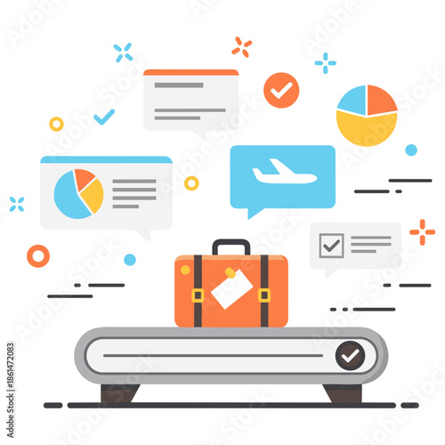 Colorful travel concept illustration with suitcase and data icons