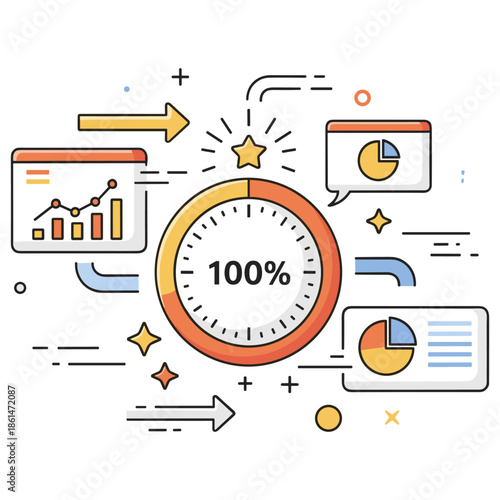 Colorful business infographic: charts, graphs, and 100% progress