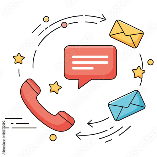 Communication icons: phone, messages, and envelopes in circular layout