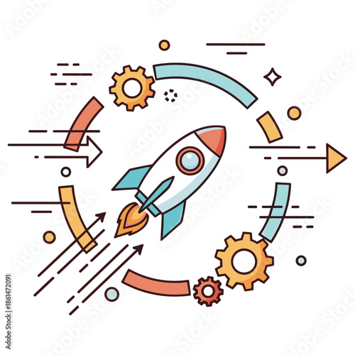 Innovative startup concept with rocket and gear icons in vintage style