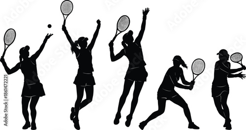 "Silhouette of a female tennis player performing various actions including serve, forehand, and backhand during a tennis match."