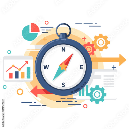 Colorful compass with business graphs and gears representing strategy and direction