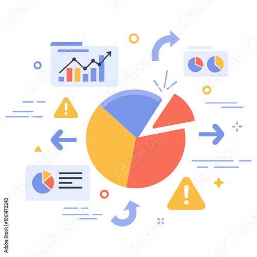 Colorful statistical infographic with bar graphs and pie chart elements