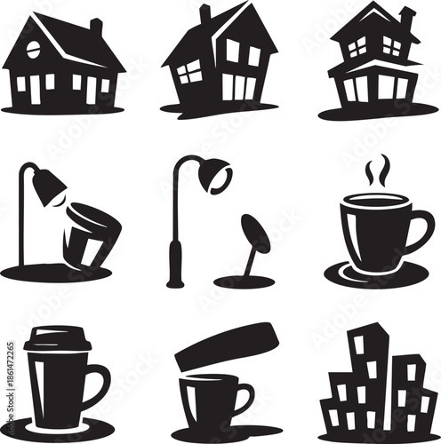Black silhouette icons depicting houses lamps coffee and city elements