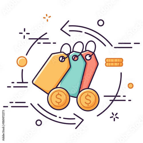 Colorful price tags with dollar coins and arrows in abstract design