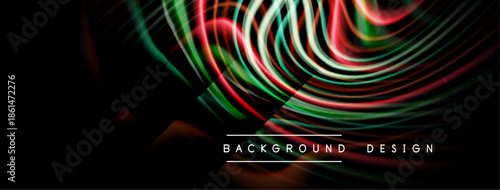 Abstract vibrant lines create dynamic flow. Dark background emphasizes colorful curves, geometric shapes, modern design elements.