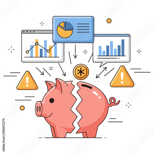 Broken piggy bank with financial charts and warning symbols