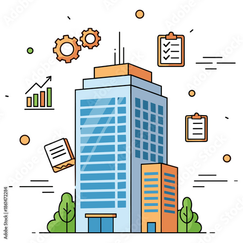 Modern office building with business icons and charts in flat design