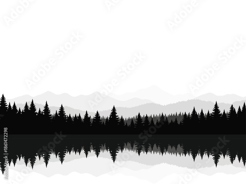 Silhouette of pine forest and mountains reflected in water on white background pine trees reflection