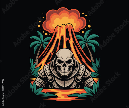 Graphic vintage skeleton warrior volcano island logo, t-shirt & brand design. Tattoo art style, retro colors, bold lines. Perfect for apparel, merchandise, emblems