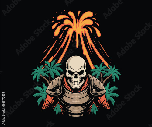 Graphic vintage skeleton warrior volcano island logo, t-shirt & brand design. Tattoo art style, retro colors, bold lines. Perfect for apparel, merchandise, emblems