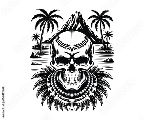 Graphic vintage skeleton warrior volcano island logo, t-shirt & brand design. Tattoo art style, retro colors, bold lines. Perfect for apparel, merchandise, emblems