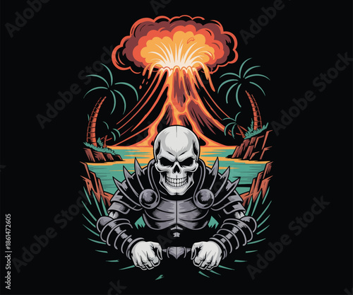 Graphic vintage skeleton warrior volcano island logo, t-shirt & brand design. Tattoo art style, retro colors, bold lines. Perfect for apparel, merchandise, emblems