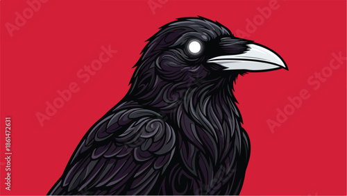 Mysterious black crow with glowing eyes against a vibrant red background.
