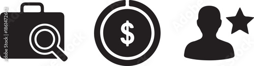 Business silhouette icons briefcase search investment chart and professional success symbols