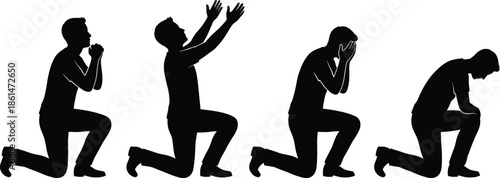 Silhouette of a man in various emotional poses, expressing prayer, frustration, and contemplation while kneeling on the ground