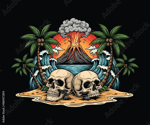 Graphic vintage skeleton warrior volcano island logo, t-shirt & brand design. Tattoo art style, retro colors, bold lines. Perfect for apparel, merchandise, emblems