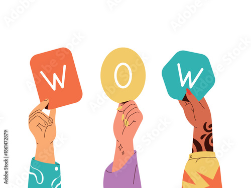 Group of different hands holding signs word WOW