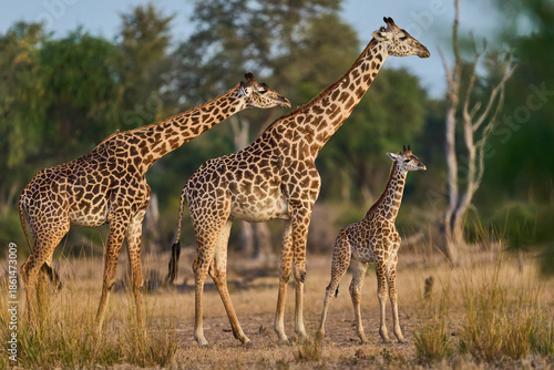 Group of Thornicroft giraffe (Giraffa camelopardalis thornicrofti) with young in South Luangwa National Park, Zambia