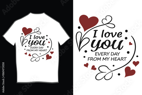 Print Be my valentine romantic t-shirt design featuring a vibrant red rose, cupid's arrow, and scattered hearts.