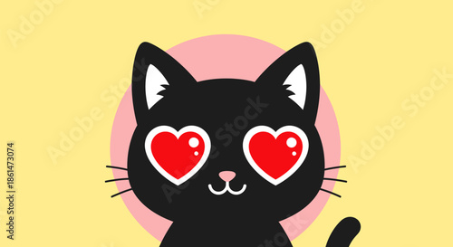 Adorable animated black cat with loving heart-shaped eyes on a yellow and pink background.