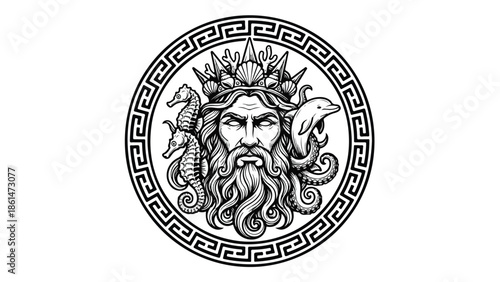 Neptune God of the Sea with Seahorses and Dolphin.