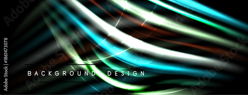 Abstract flowing lines, vibrant colors, dark background. Modern design element, dynamic energy, sleek presentation.