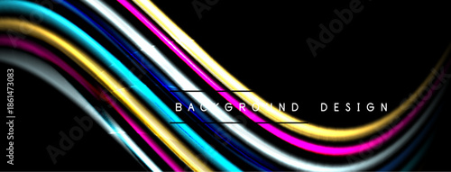 Dynamic colorful lines flow across black background. Modern abstract design creates vibrant visual impact. Smooth curves suggest movement, energy.