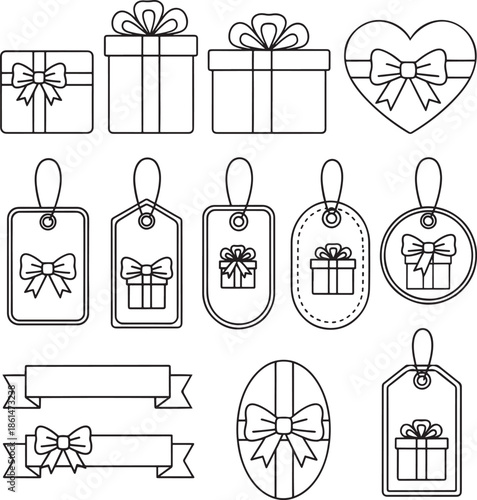 Black and white line art gift tags and bows
