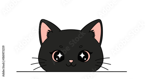 Cute cartoon black cat head with sparkling eyes peeking over a line, adorable kawaii style illustration.