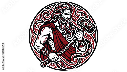 Norse Mythology God Thor with Mjolnir Hammer in Celtic Knot Circle.
