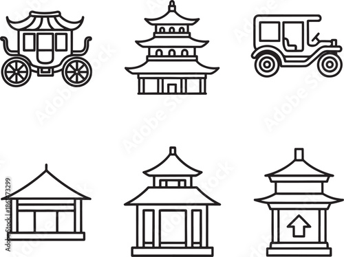 Black line art illustrations of various asian style buildings and vehicles